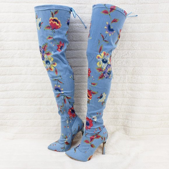 Stretch Floral Print Denim Draw String Top high heel thigh boots - Picture 2 of 11